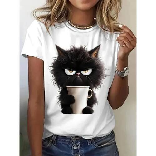 Cat pattern printed T-shirt short sleeved round neck top
