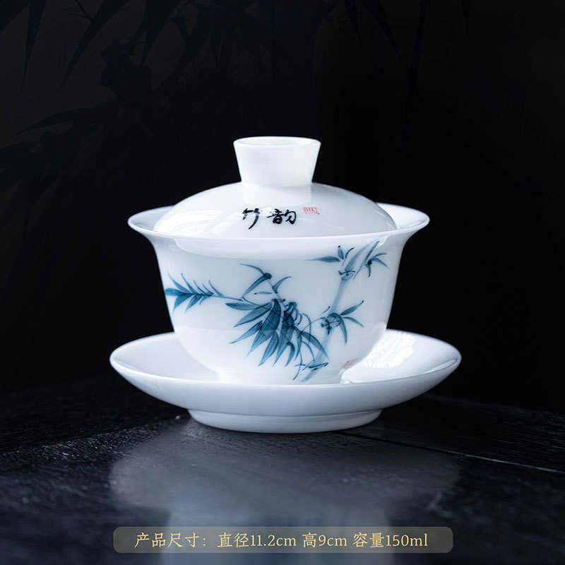 手绘冰种三才盖碗陶瓷家用功夫泡茶碗羊脂玉瓷釉下彩青花敬茶杯子