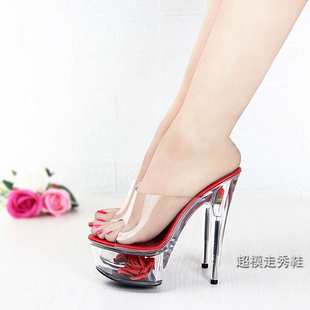 多色鱼嘴恨天高高跟鞋15厘米18cm水晶女凉拖鞋透明防水台花朵婚鞋