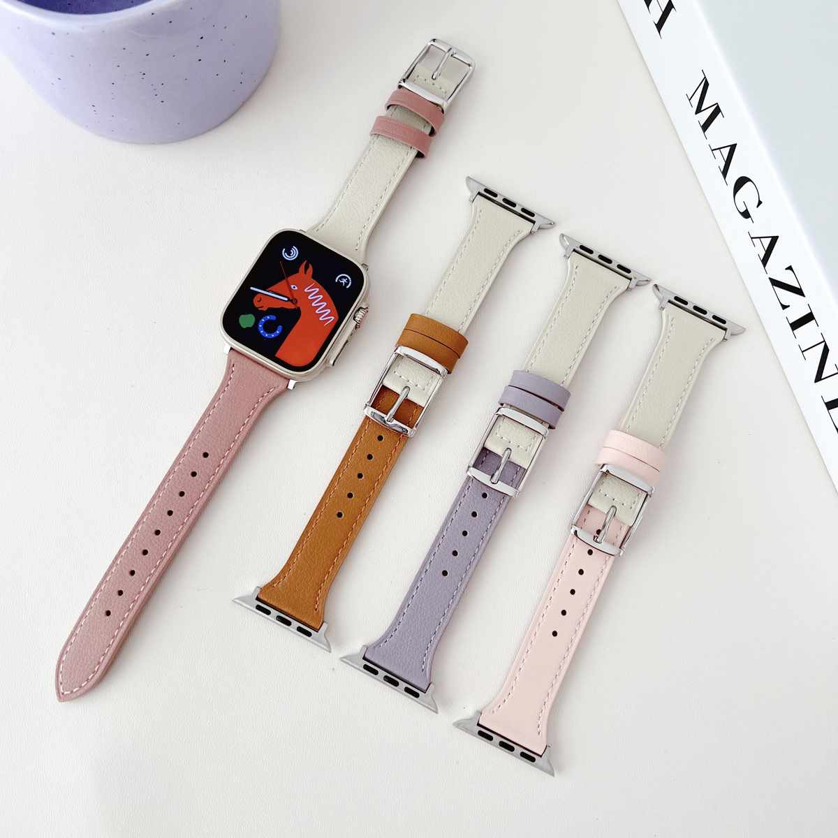 适用applewatch拼色真皮表带苹果手表iwatchs8金属扣智能运动新款