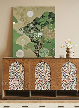 新中式绿色叶子花卉手绘油画餐厅挂画大尺寸潮流迎门墙玄关装饰画