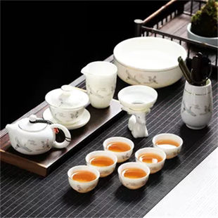 家用羊脂玉茶杯功夫白瓷泡茶壶盖碗整套陶新款 高档茶具套装 六君子