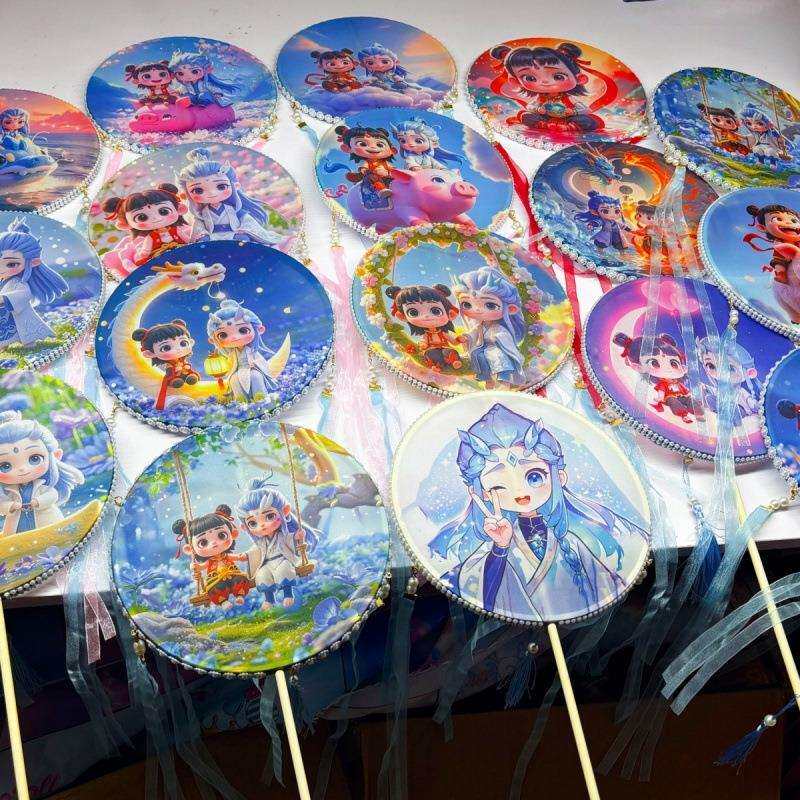 印花团扇古风长柄汉服舞蹈扇魔童闹海哪吒敖丙敖光扇子中国风简约