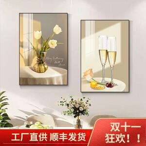 餐厅装饰画厨房挂画现代简约餐厅高档清新花奔瓷砖玻璃免打孔挂画