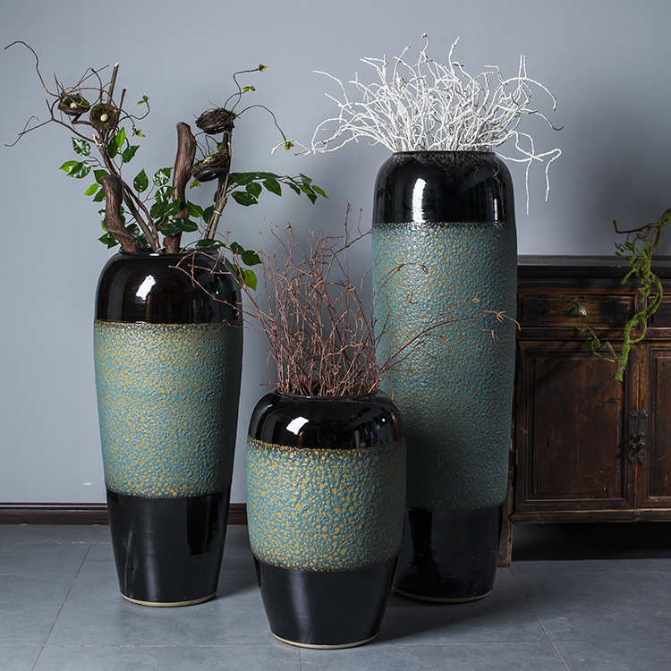 景德镇陶瓷落地大花瓶干插花现代客厅电视柜装饰干花摆件绿色三件