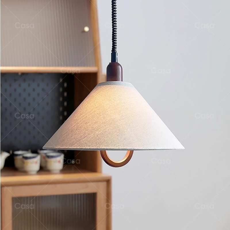 法式复古麻绳吊灯日式极简伸缩餐厅灯中古民宿吧台原木餐桌升降灯