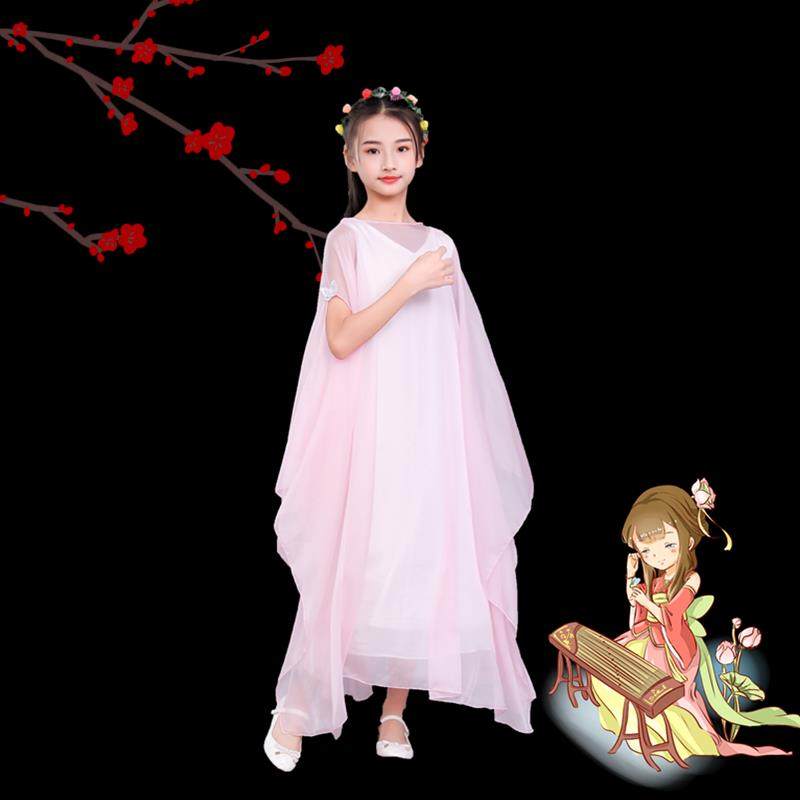 高档古筝新款演出服袖连裙衣白纱仙女裙民乐儿童初中生成人高水表图片