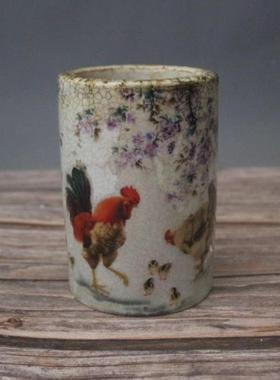 特价清光绪年制款粉彩公鸡子母图大吉大利纹小笔筒彷古瓷古玩古董