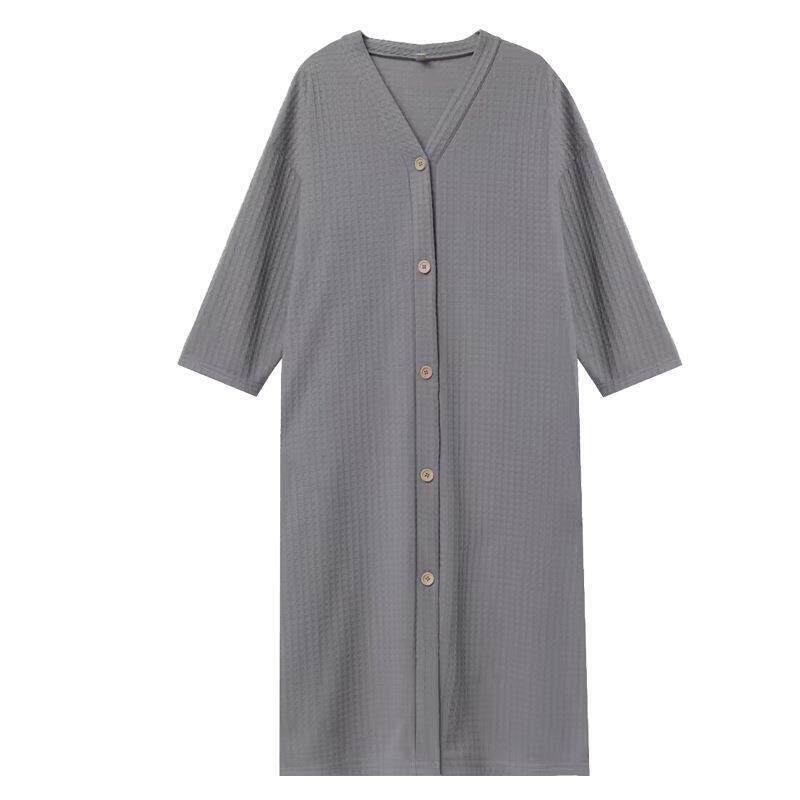 新款纽扣睡裙女薄款睡衣男加肥加大码吸水速干睡裙式浴袍情侣睡袍