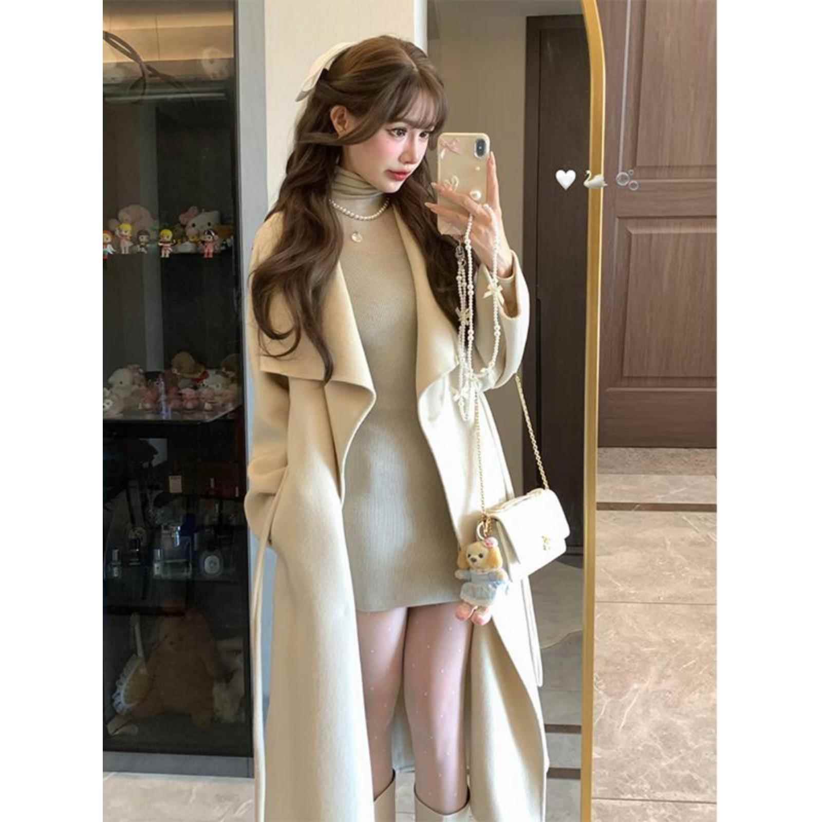 高级感羊绒双面毛呢大衣2025春秋季慵懒风中长款翻领羊毛呢外套女