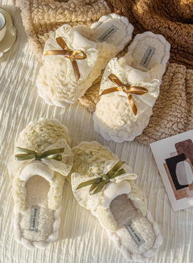 ins2026新款蕾丝蝴蝶结居家棉拖鞋韩版仙女风冬季棉拖鞋男女情侣