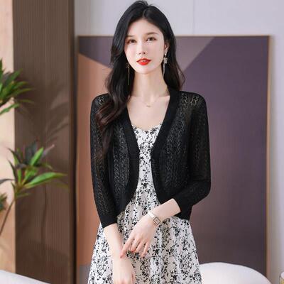 妈妈装桑蚕丝夏季薄针织衫女开衫超短款披肩外套七分袖镂空配裙子