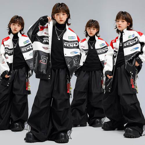 少儿hiphop街舞演出服男童嘻哈机车皮衣女童酷帅夹克儿童街舞潮服