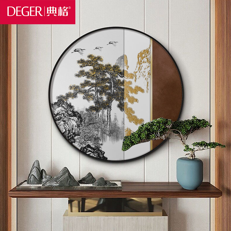 新中式入户玄关装饰画客厅3d立体浮雕圆形挂画迎客松仙鹤餐厅壁画图片