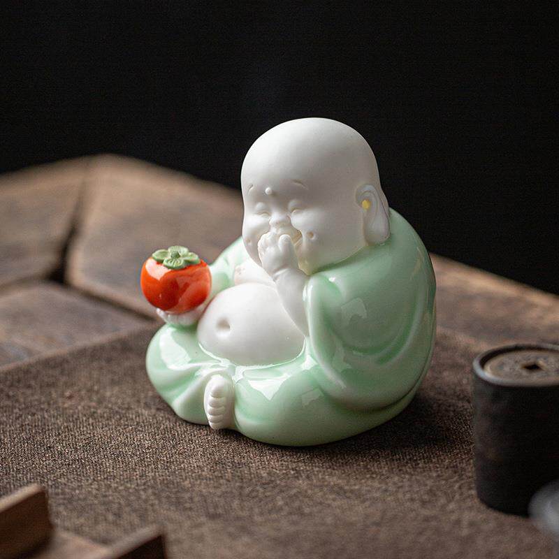 新中式陶瓷弥勒笑佛招财茶宠摆件茶道桌面装饰工艺品车载平安摆设