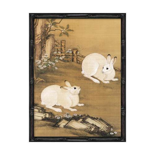 中式梧桐饰双兔图复古客厅装玄画书房茶室挂画关新画Y116壁画