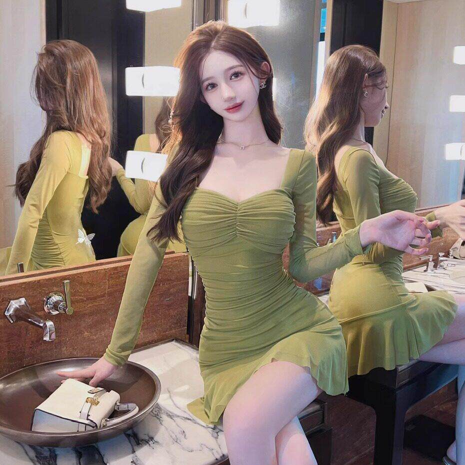 夜场女装洋装网纱打底长袖技师衣服低胸性感新款辣妹深短裙子