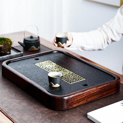 A5L简约家用长方形实木乌金石茶盘小型储水式排水两人用简易迷你