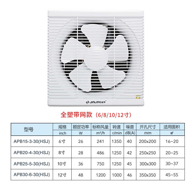 金羚百叶橱窗式排气扇10寸厨房8寸静音6寸方形带网12寸排风换气扇