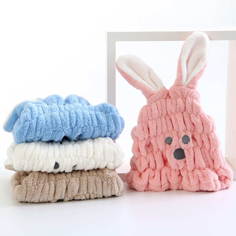 成人款珊瑚绒兔子耳朵干发帽女可爱柔软吸水强擦头发包头干发巾