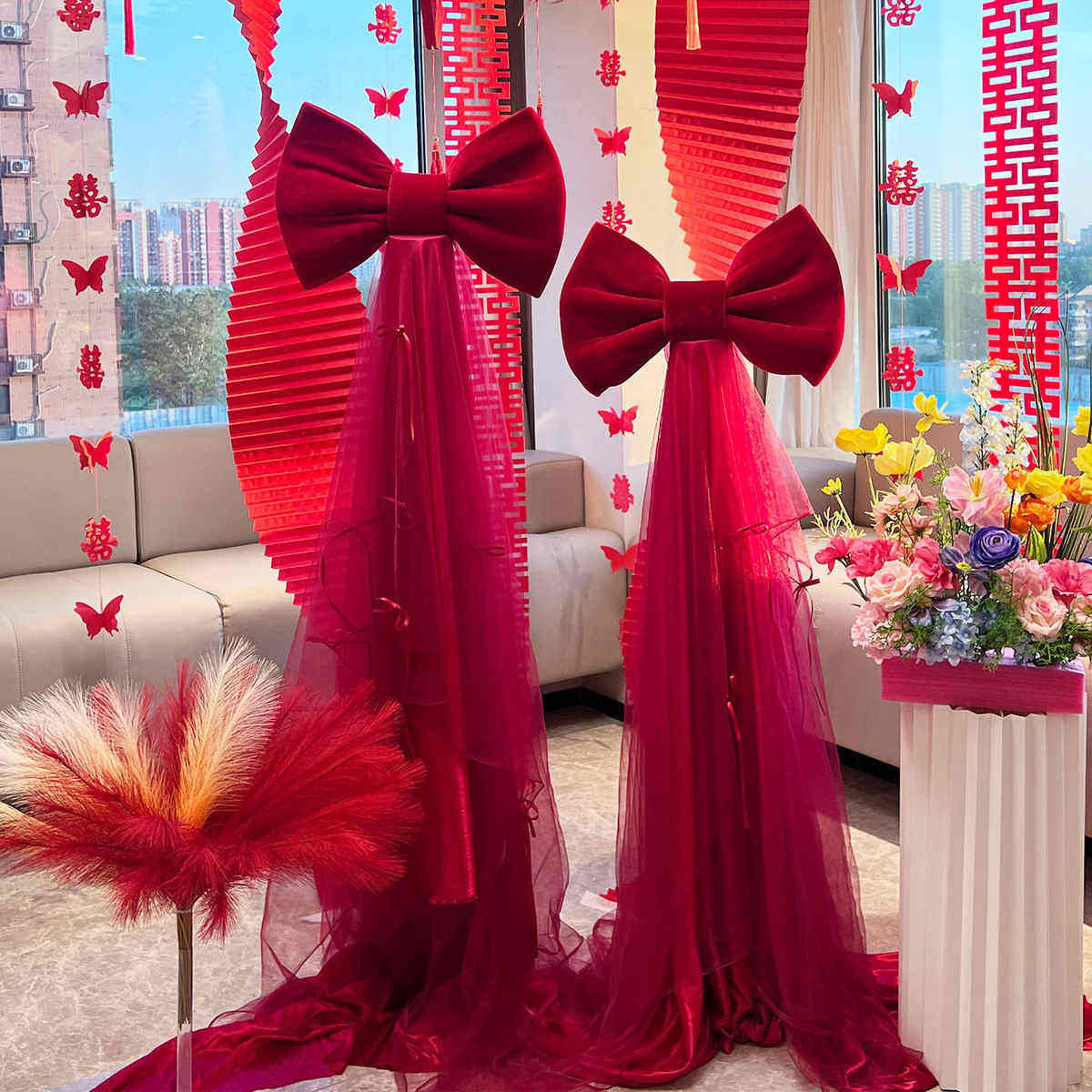 婚礼拍照晨袍大蝴蝶路引装饰超大红绒蝴蝶结挂饰婚房装扮结婚场景,居家布艺,居家婚庆拖鞋,淘宝优惠券,粉丝福利购,淘宝优惠卷