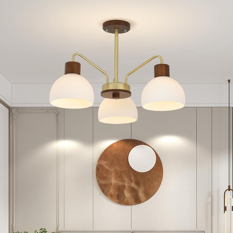 新中式593户型山灯客厅餐厅复古风原木餐桌卧室玻璃灯小罩吊灯中