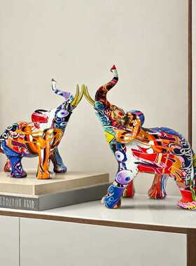 新款直销涂鸦炫彩大象摆件创意树脂工艺品家居玄关大号桌面艺术品