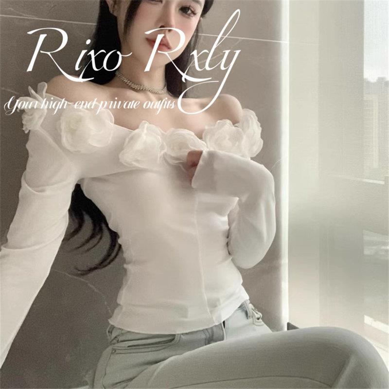 RIXO RXLY蕾丝拼接一字肩长袖T恤女春秋季小众设计感气质打底上衣
