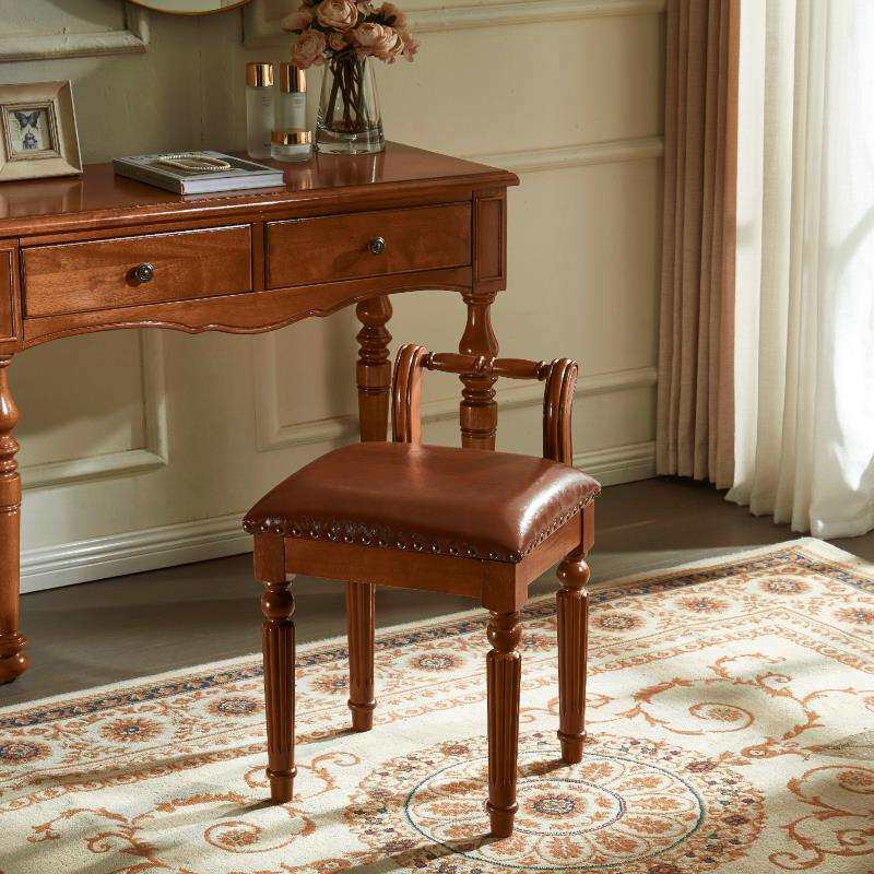 N5美式实木化妆凳欧式简约现代书桌皮凳子卧室梳妆台靠背椅子梳妆