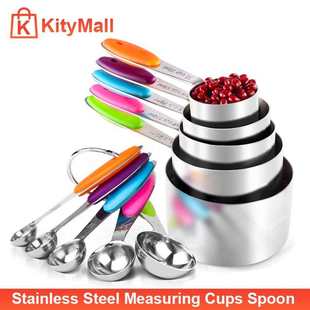 Spoon Stainless Cups Measuring Set彩色烘焙量勺量杯10件 Steel