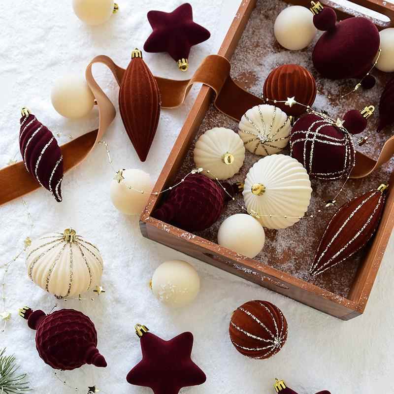 NUCHI跨境圣诞装饰品圣诞球植绒球彩绘球圣诞球圣诞树装饰挂件