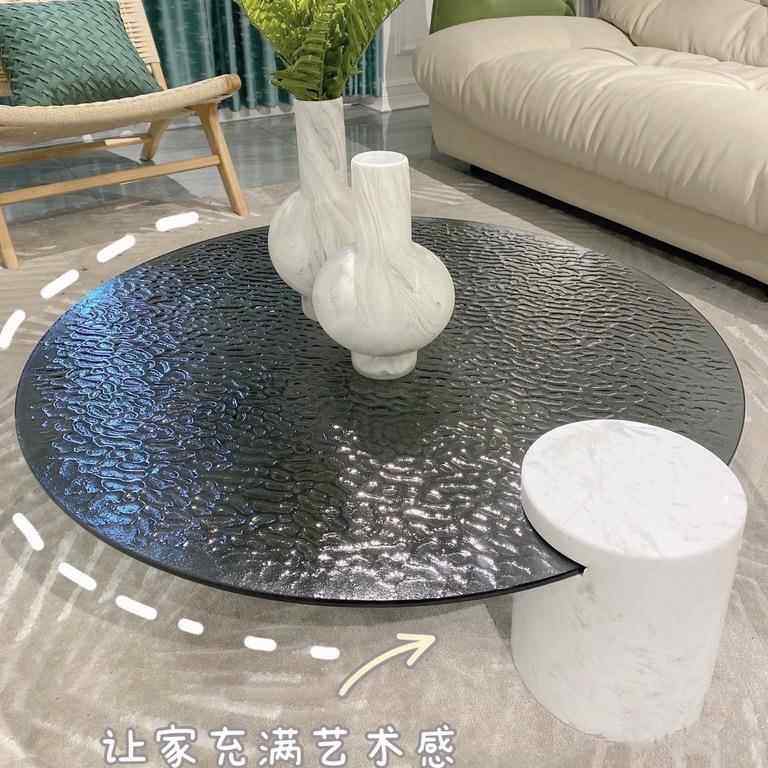 水波纹钢化玻璃茶几大理石底座客厅创意防爆组合家具轻奢圆形