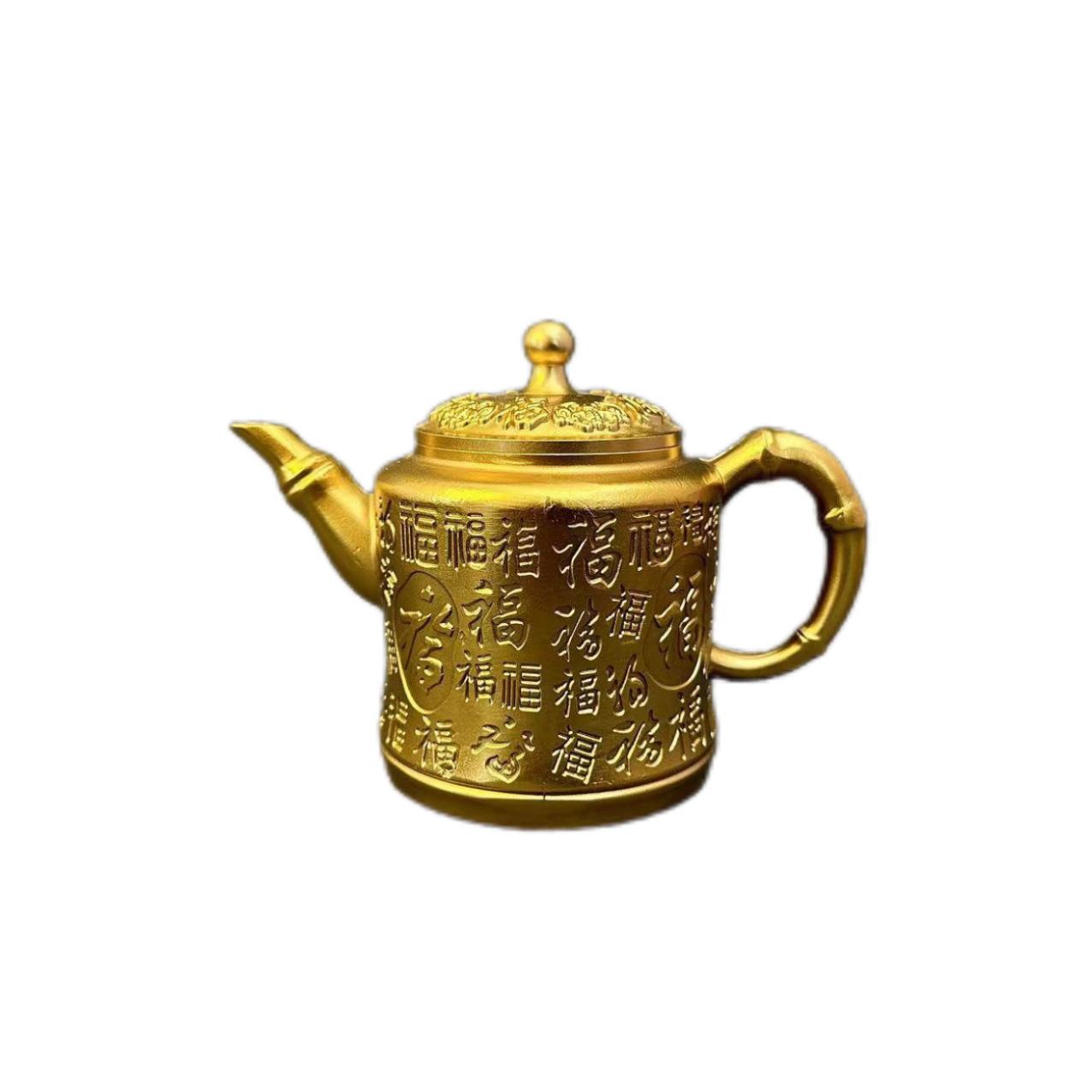 黄铜百福茶壶铜壶摆件复古做旧茶壶百福铜茶壶福字铜酒壶桌面摆件