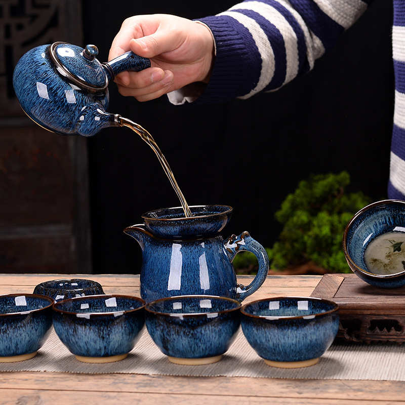 厂家直销纯手工大号窑变钧瓷侧把茶壶茶具套装复古陶瓷天目釉建盏