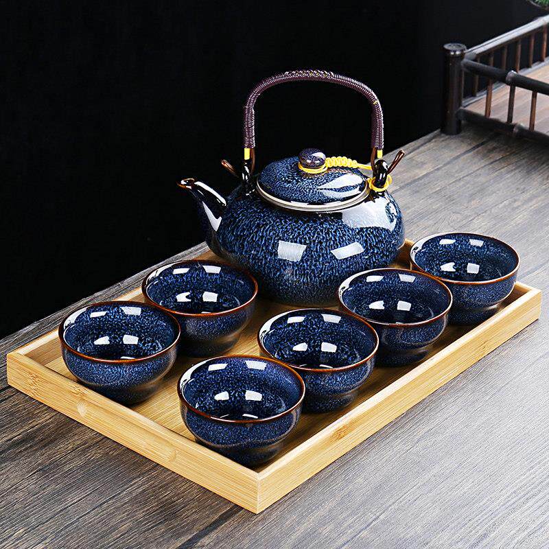 渐变陶瓷茶具套装家用水具套拉丝窑变中式大容量泡茶壶杯子带托盘