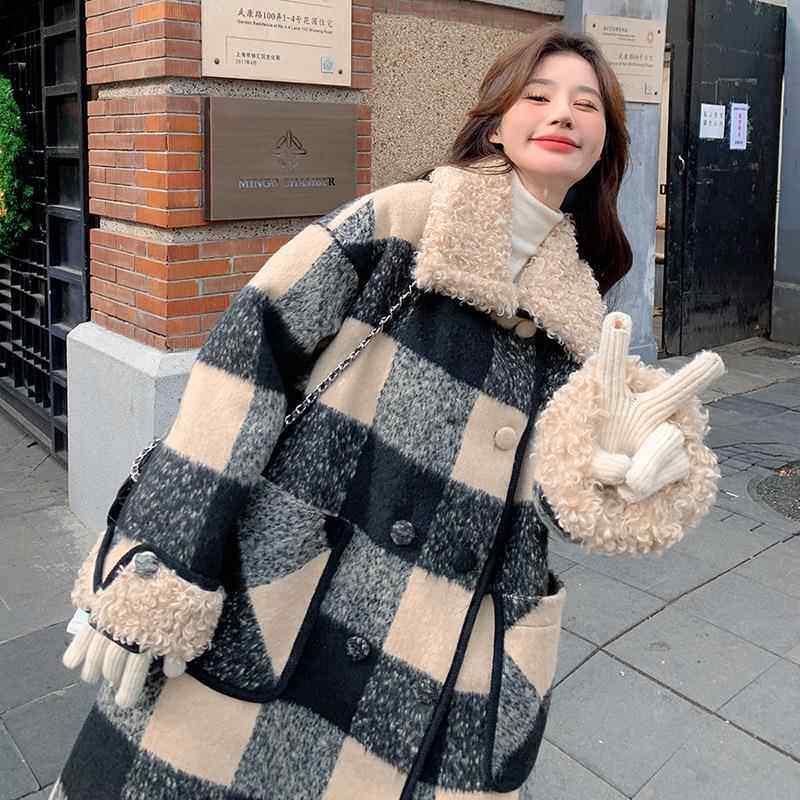 c10-248复古格呢子羔毛韩领毛呢外套女中长款冬季新款版羊过膝子