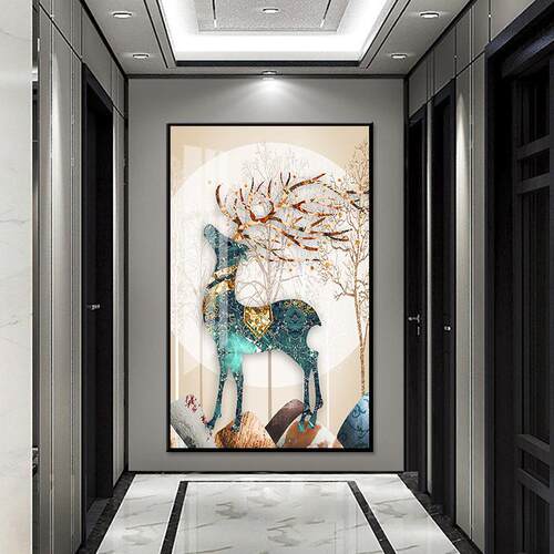 金鹿入户玄关装饰画 画镶钻晶瓷画 画北欧现代简约走廊过道轻奢高