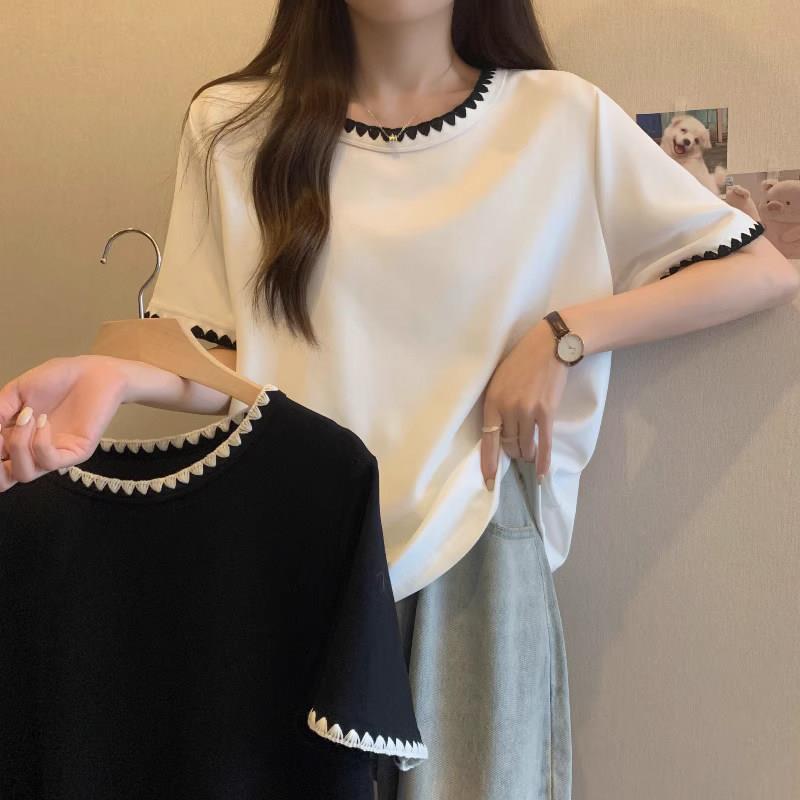 韩国大码女装宽松正肩短袖T恤女夏季新款胖mm法式遮肚上衣藏肉