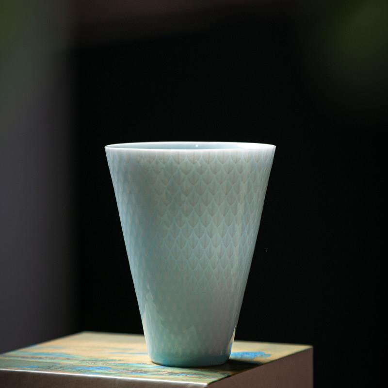 影青瓷主人杯鱼鳞纹陶瓷单杯家用可乐杯大容量品茗杯专用个人茶杯
