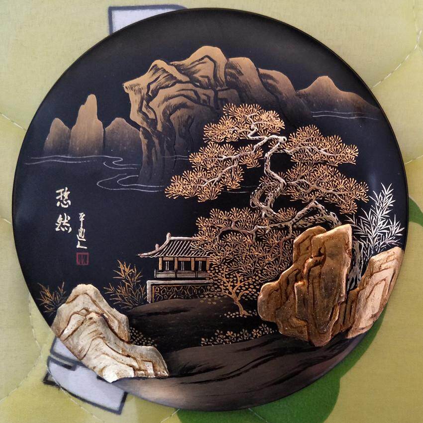 大漆彩绘漆器工艺品摆件木质漆艺礼品老树大漆创意莳绘漆画装饰盘