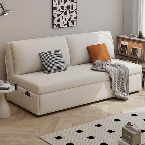 奶油风科技绒布沙发床无扶手小户型多功能客厅卧室可折叠储物沙发