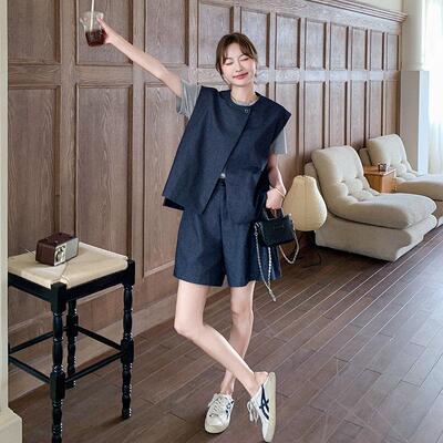 LILY MOST藏青色薄牛仔休闲套装女夏新款气质T恤马甲短裤三件套潮