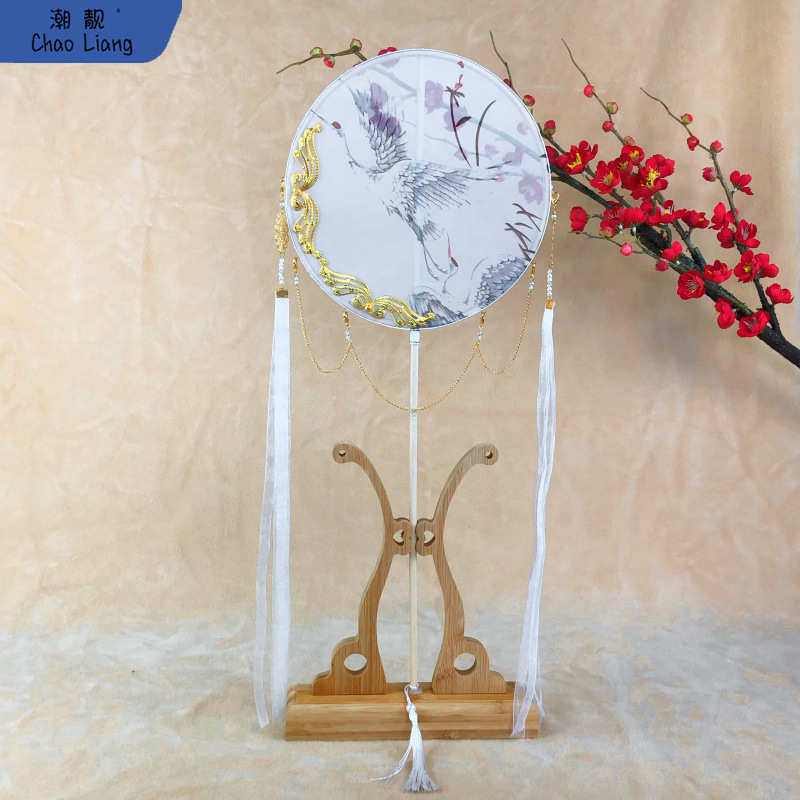 手工长柄流苏团扇古汉服配饰烫金半透超仙破扇白蓝色成品包邮