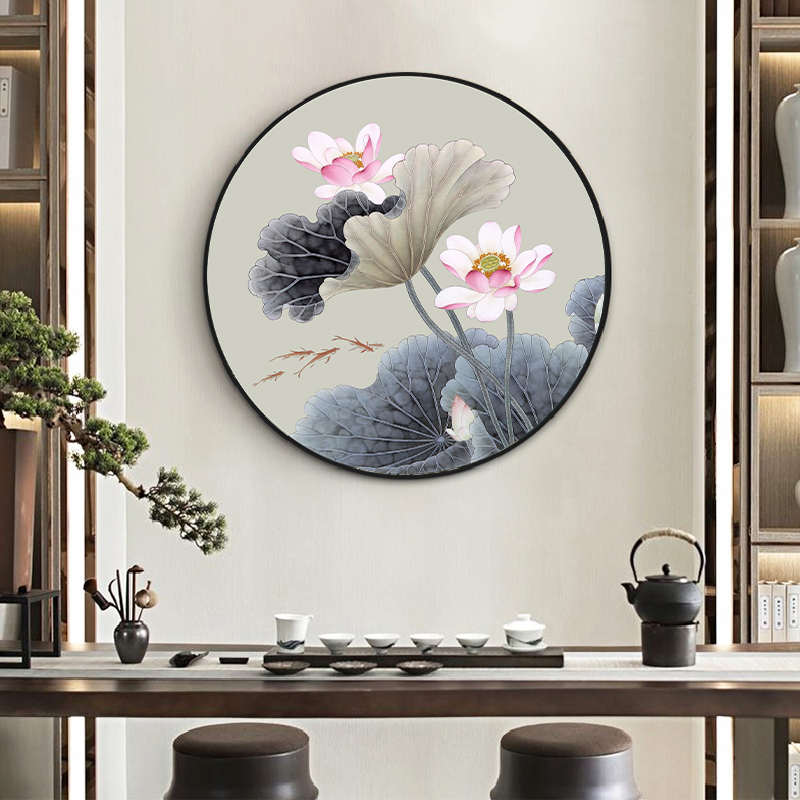 圆形荷花玄关装饰画餐厅客厅背景墙中式挂画走廊过道饭厅酒店壁画图片