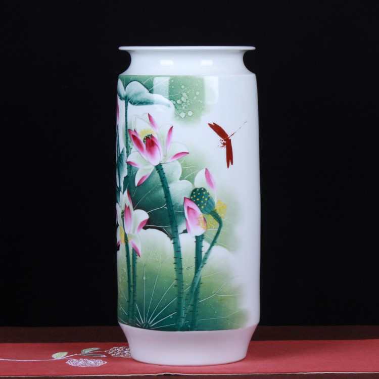 景德镇陶瓷花瓶手绘粉彩荷韵箭筒花瓶礼品瓷工艺品收藏