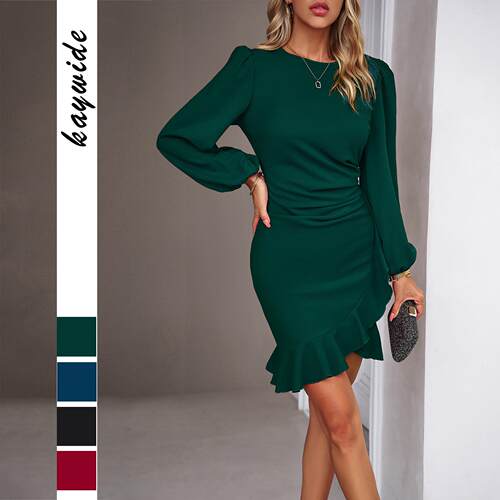 Women's Plain Ruched Ruffle Trim Zipper Bodycon Dress