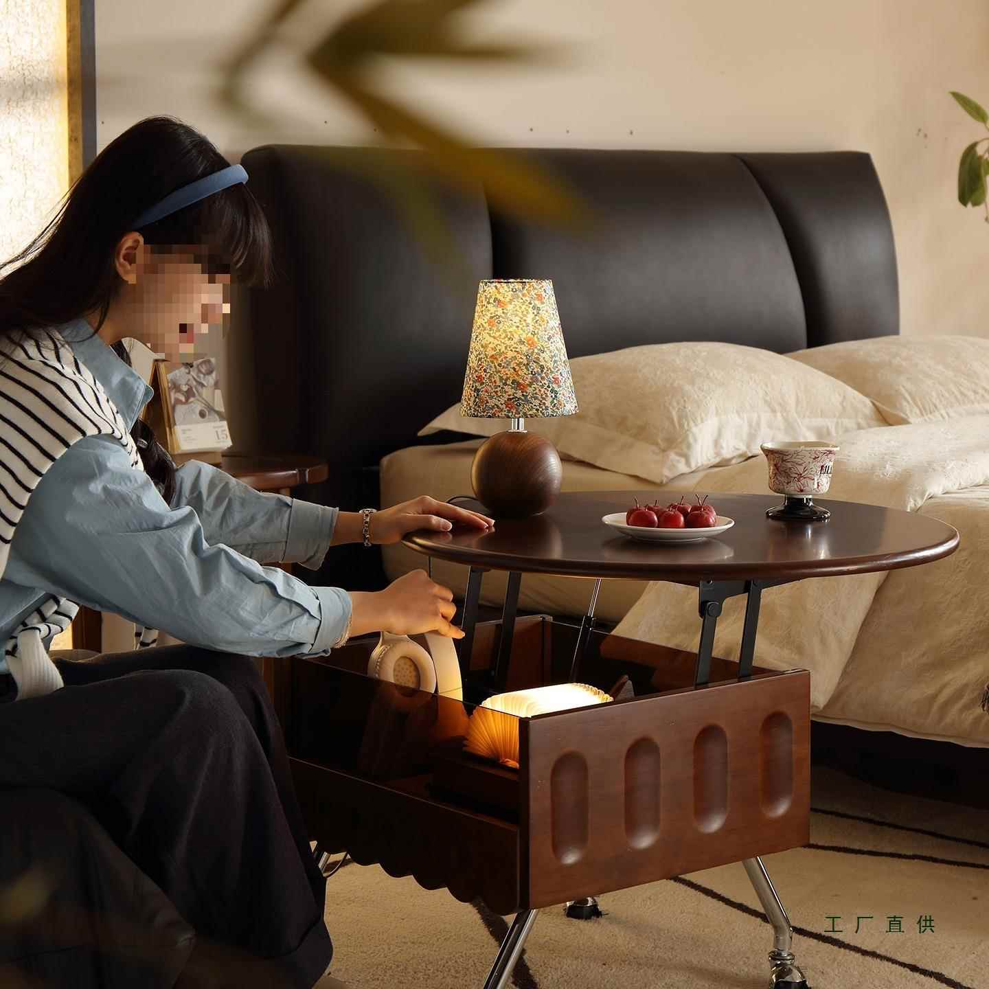 中复古实可升多985降移动木圆形客厅边茶几法家式用小户型功能茶