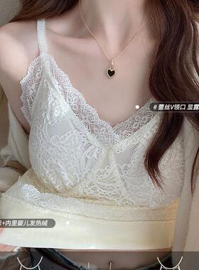 法式辣妹白色蕾丝带胸垫加绒吊带背心女保暖打底内搭美背上衣