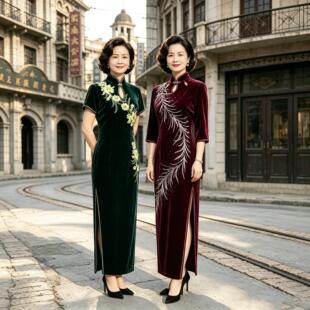 出租翠缕繁花复古改良手绘花七分袖丝绒款带弹力中老年旗袍租赁