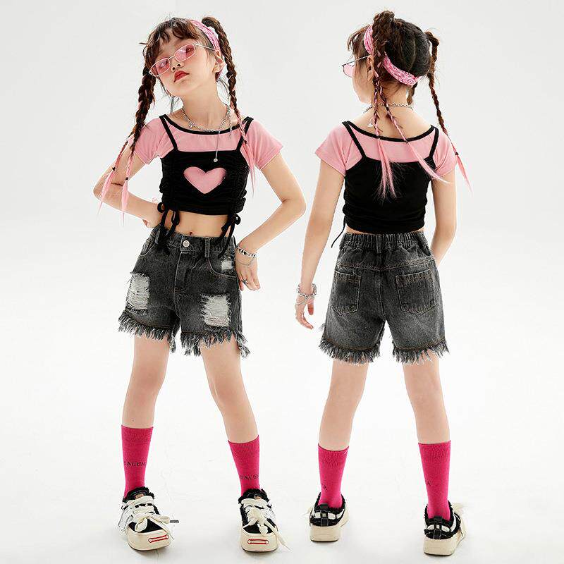 爵士舞服装女童嘻哈毛边破洞牛仔短裤hiphop儿童潮服街舞潮牌童装